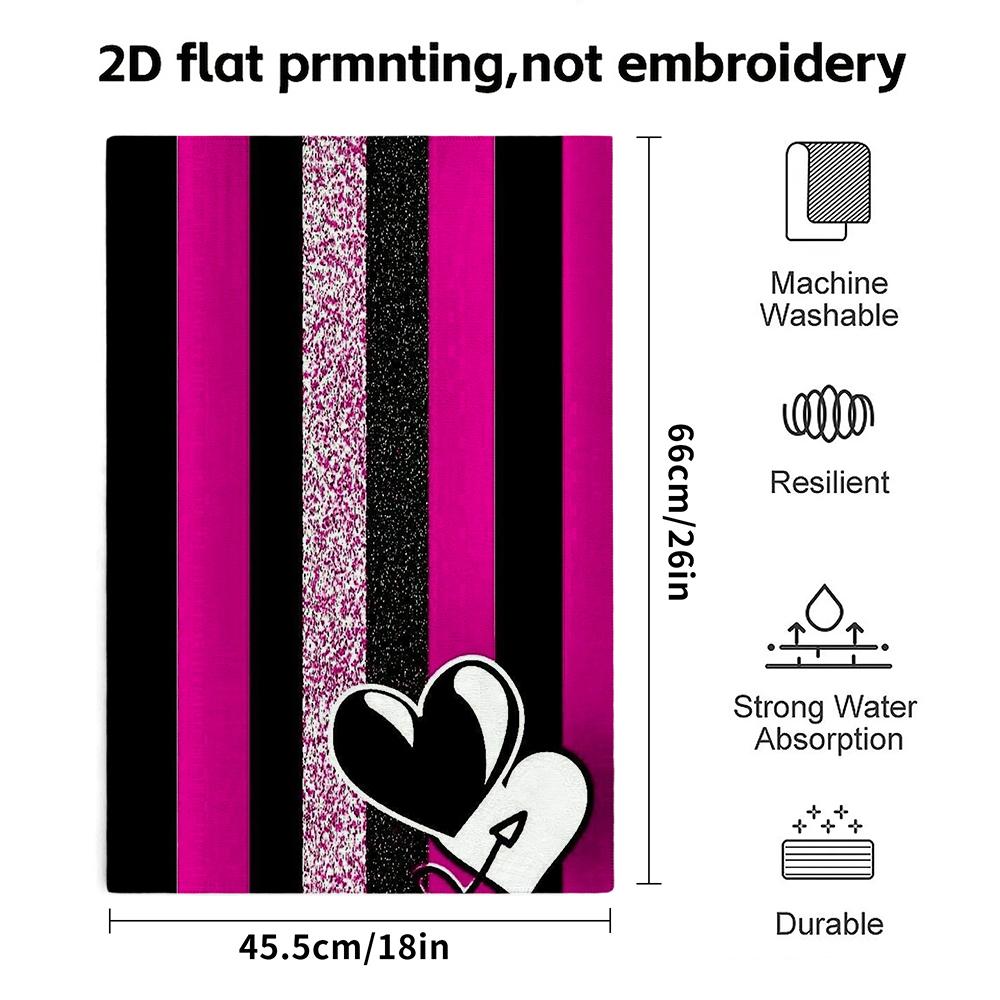 Quick Dry Absorbent Bath Towel, Pink Black Stripes And Heart Print, Soft Wash Towel
