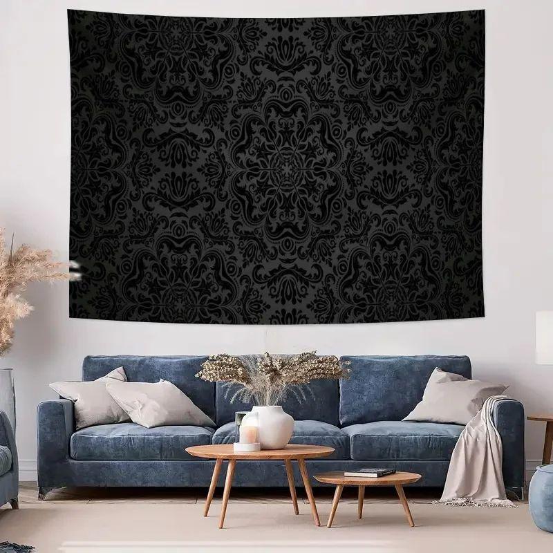 Czarna wzorzysta gobelinowa dekoracja ścienna w stylu vintage, elegancka dekoracja domu do salonu, sypialni