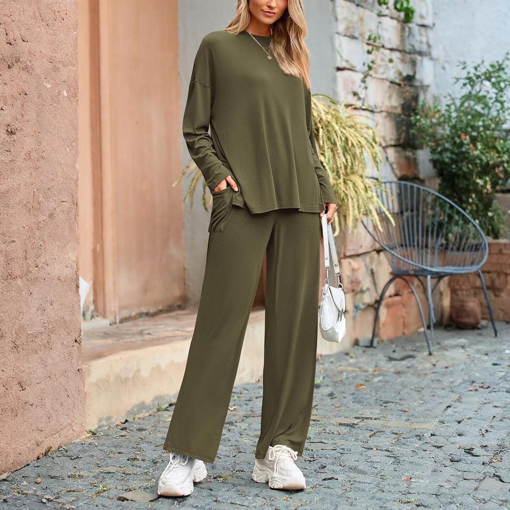 Completo Due Pezzi Moda da Donna a Vestibilità Larga, Colore Unico, Scollo Tondo Spaccato, Maniche Lunghe, Pantaloni Lunghi