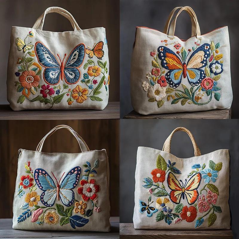 DIY Linen Tote Bag Cross Stitch Sewing Needlepoint Embroidery Kit with Stamped Flower Butterfly Pattern Hoops Threads