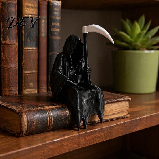 Gotische Schreibtischornamente 3D-gedruckte Sensenmann-Statue mit Kaffee & Sense, Dunkle Stil-Raumakzente Dekor, Einzigartige Kunstfigur für Zuhause Büro Bücherregal
