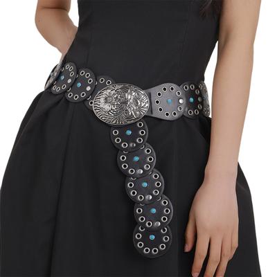 Subcultures Eyelets Belt for Women PU Waist Belt 2000s HollowOut Round Disc Belt for Teens Girl Western Cowboy Belt