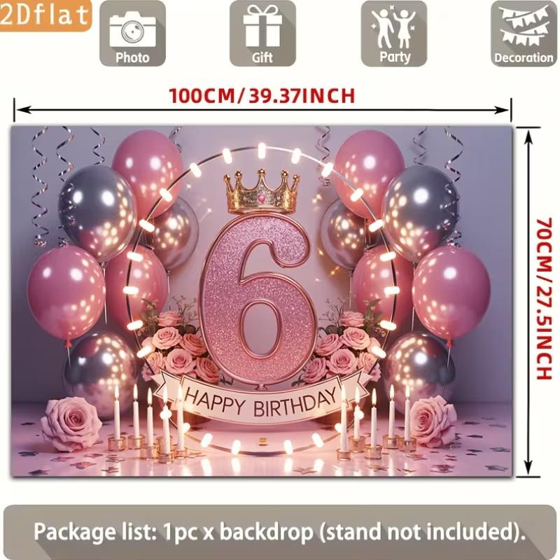 2D 6th Birthday Photography Backdrop, Pink and Silver Balloon with Light Ring Background