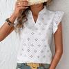 Ladies Summer Cap Sleeve Ruffles V Neck Hollow Embroidey Solid Color Pullover T Shirt Top