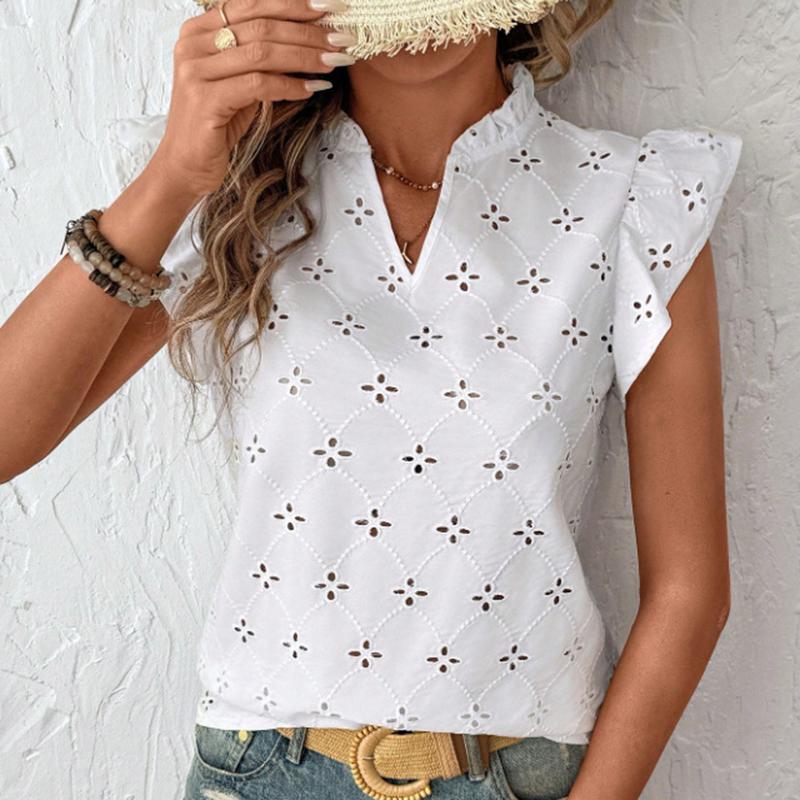 Ladies Summer Cap Sleeve Ruffles V Neck Hollow Embroidey Solid Color Pullover T Shirt Top