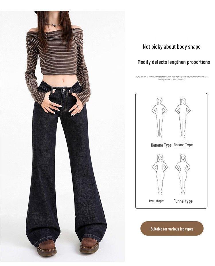 Women's Retro Low-Waist Deep Gray Blue Bell Bottom Jeans - Autumn/Winter Casual Slimming Narrow Leg Design