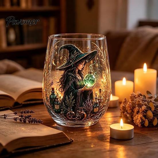 Regalo Stile Fantasy per Amici Tazza in Vetro Strega Magica, Bicchiere Trasparente Tema Retro Halloween, Vetro con Stampa Motivo Unico Decorazione Gotica di Nicchia