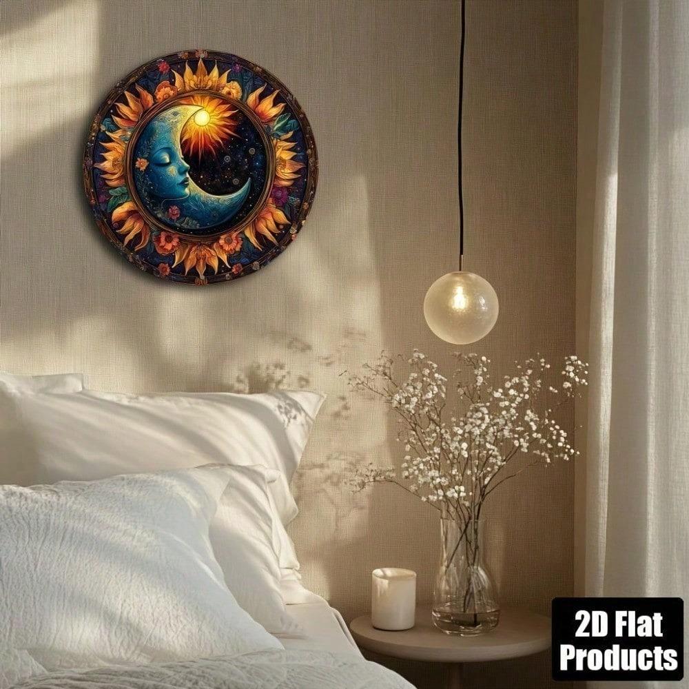 COSMOON Vintage Celestial Sun Moon Round Metal Wall Art Rustic Aluminum Sign Bar Decor 8x8 Inch
