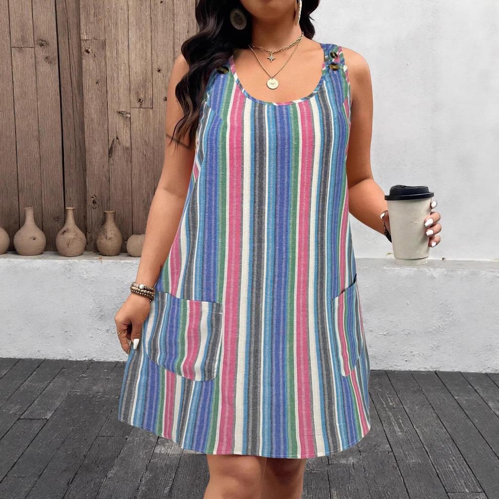 2026 Summer Fashion: Striped Sleeveless Dress with Button Pockets, Women's Casual European & American Style.