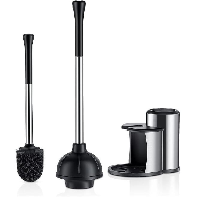 HAMITOR Toilet Plunger and Bowl Brush Set: 2 in 1 Stainless Steel Heavy Duty Toilet Cleaner Plunger with Holder Combo for Bathroom Cleaning - Modern A-stainless Steel