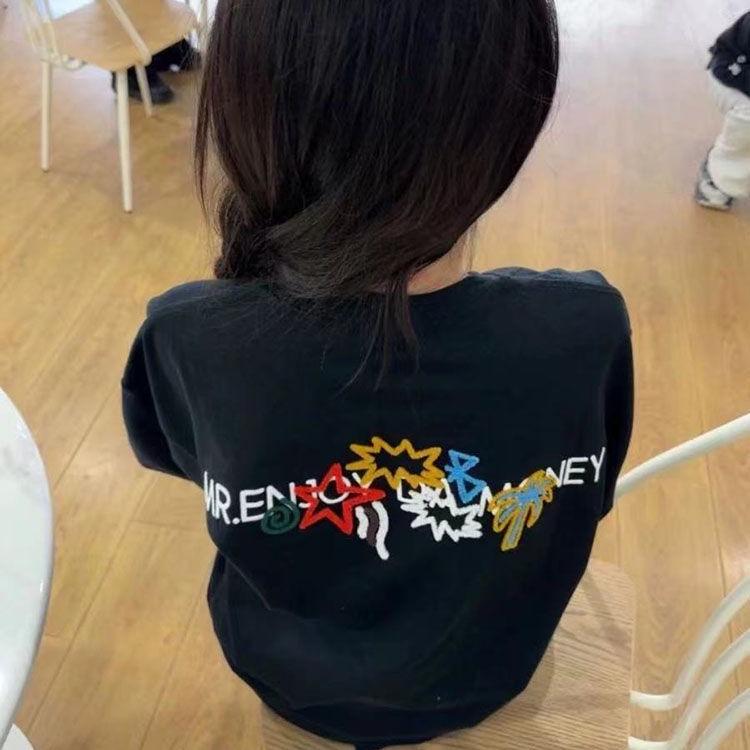 

230 г Футболка из чистого хлопка с вышивкой, логотип M, унисекс, свободного кроя, модный топ XXL for 130-150 jin чёрный