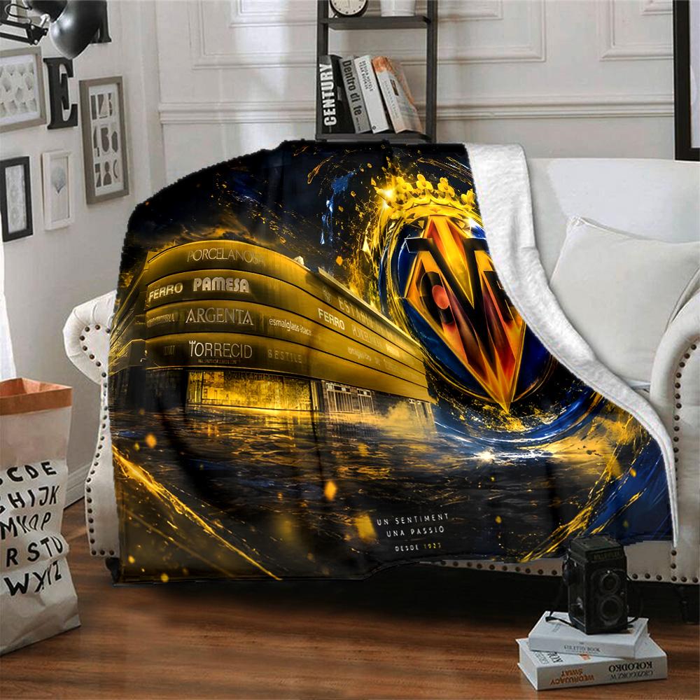 Club Vill-arreal Crest Design Flannel Blanket, Soft Polyester, Modern Design, All-Season for Camping, Travel, Gifts for holidays or birthdays