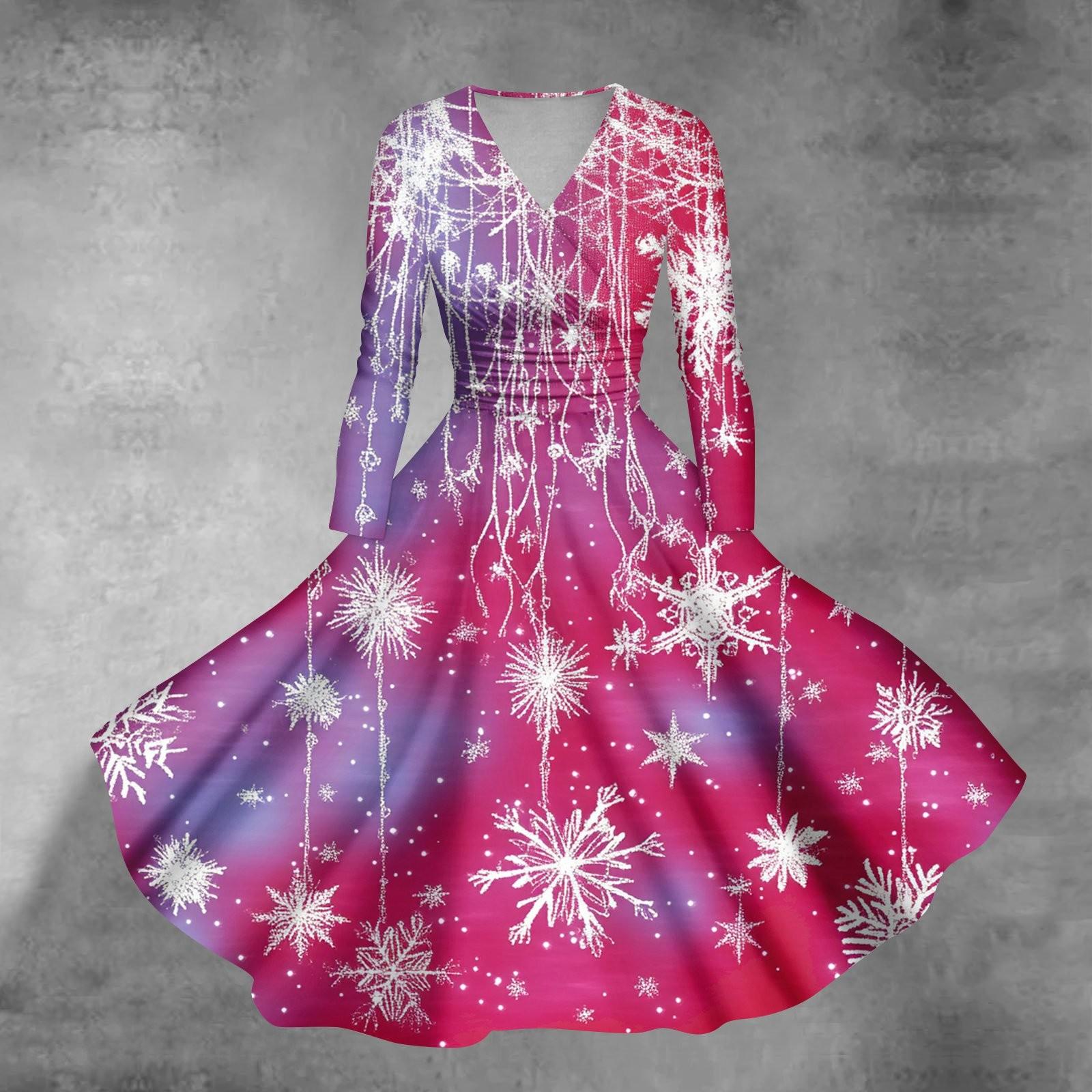 

Женские повседневные модные рождественские принты с длинным рукавом и V-образным вырезом, сексуальные платья с карманами L