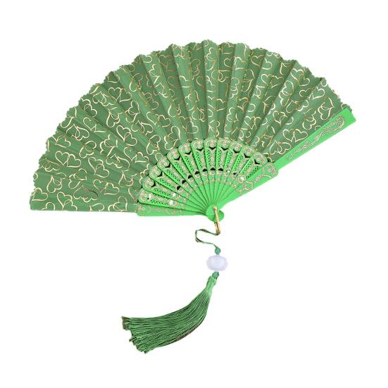 

Love Heart Print Folding Fan with Tassel Chinese Style Portable Hollow Ribs Hand Fan Women Dance Performance Props Party Favors зелёный