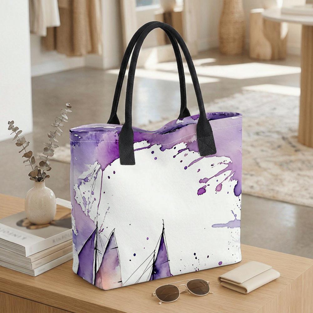 Purple Watercolor Sailboat Pattern Tote Bag Large Capacity Casual Shoulder Handbag for Daily Use