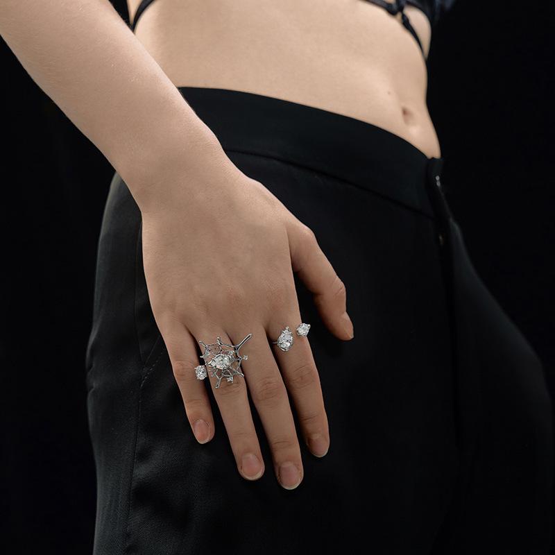 Sweet Cool Wind Spider Web Zircon Ring Niche Design Sense Hollow Spice Girl Diablo Index Finger Female Ring Female