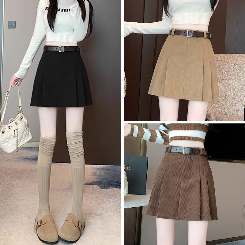 

2025 Women s High Waist Corduroy A-line Pleated Midi Skirt - Autumn Winter Slimming Casual Style 3XL