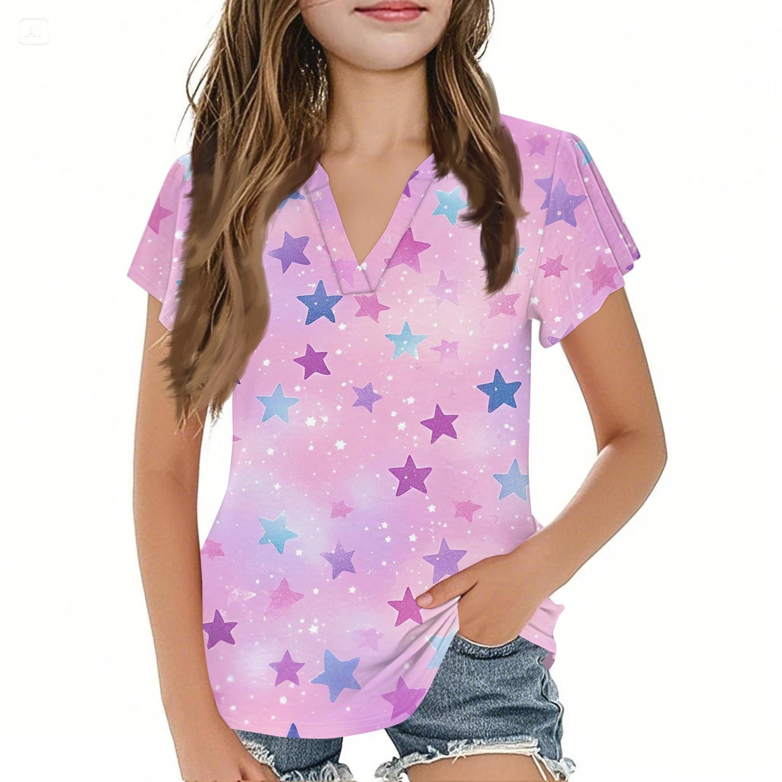 

Летняя детская повседневная модная футболка с коротким рукавом и V-образным вырезом, милая с принтом для девочек 140