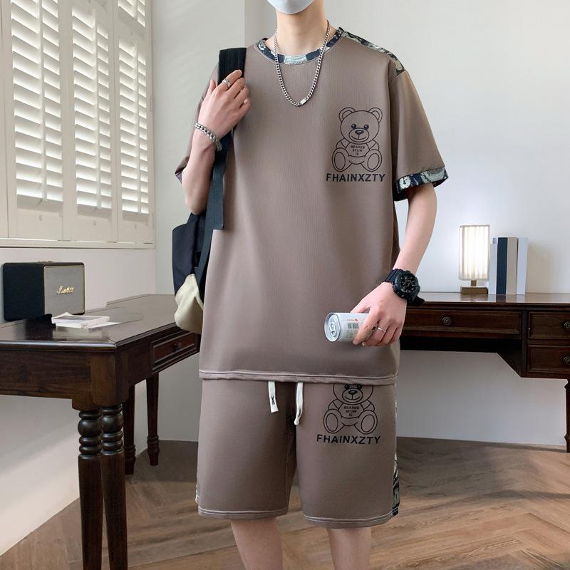 Men's Casual Loose Ice Silk Round Neck Short-sleeved T-shirt Shorts Two-piece Set