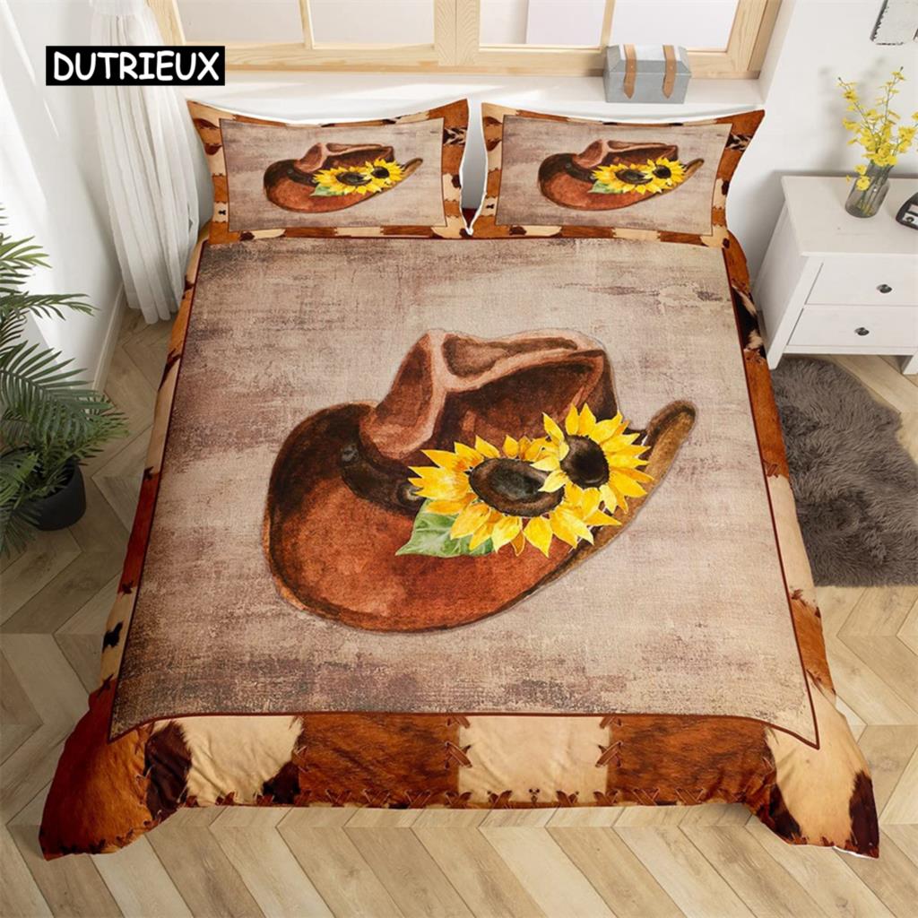 Exotic Farmhouse Western Cowboy Duvet Cover Set Twin King  Floral Bedding Set Cowhide Patchwork Comforter Cover Bedroom Decor