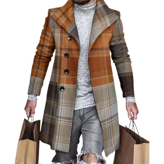 Lapel Long Sleeves Pockets Single-breasted Men Windbreaker Autumn Winter Mid-Length Plaid Patchwork Thickened Woolen Coat