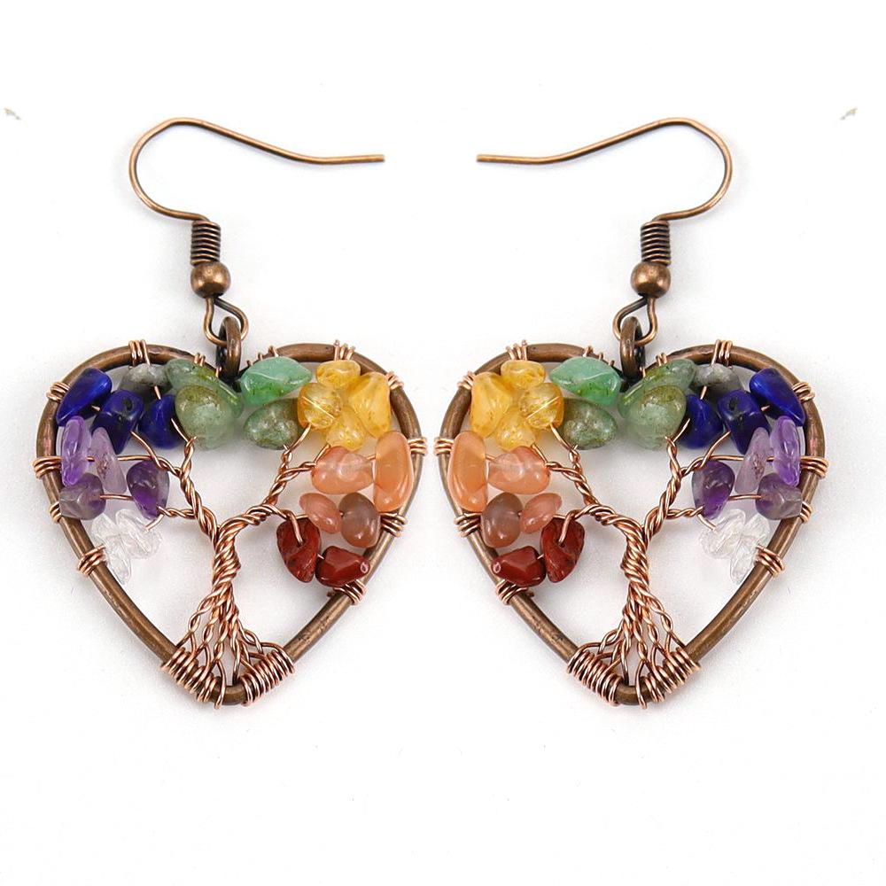 Temu Hand-Wound Natural Gravel Crystal Agate Amethyst Tree Root Heart-Shaped Tree Of Life Earrings Earrings E60 tree root style