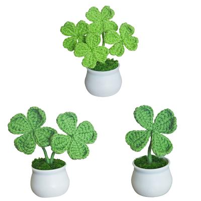 1Pc Knitted Potted Plant Ins Style Garden Finished Clover Four Leaf Hand-woven Simulated Flower Desk Decoration Home Ornament