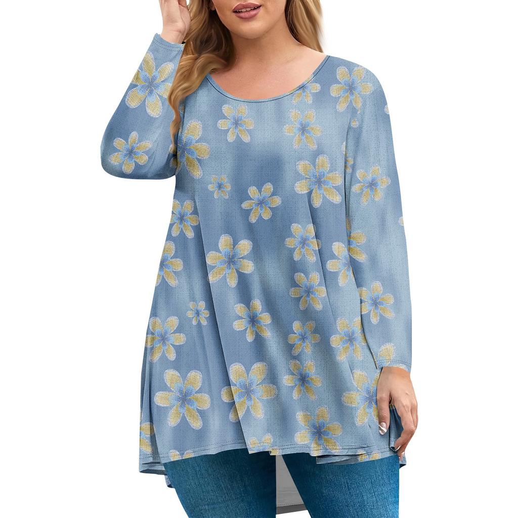 Women's Plus Size Top, Garden Collar Long Sleeved Shirt, Fashionable Floral Print Casual Top