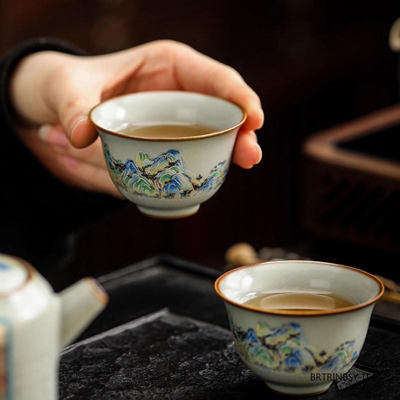 1 Pc Chinese Vintage Ru Kiln Ceramic Tea Cup Handmade Landscape Teacup Household Beauty Tea Bowl Travel Personal Teaware 50ml