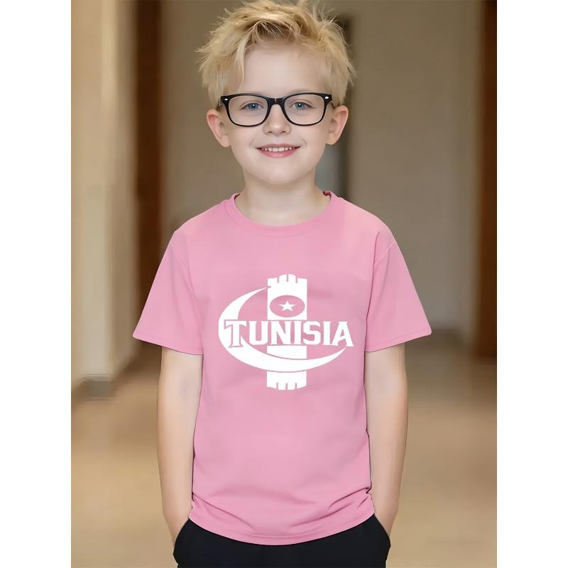 

European sizes Print T-Shirt | Comfortable Crew Neck, Black and White Design with Classic Capital Letters, Star and Crescent Symbols 98cm розовый