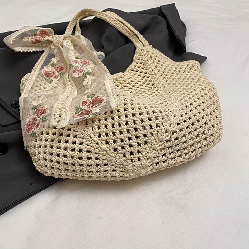 Yogodlns Solid Color Crochet Tote Handbag Summer Beach Scarf Decor Fashion Women's Mesh Woven Shoulder Bags Large Capacity Knitting Underarm Bag