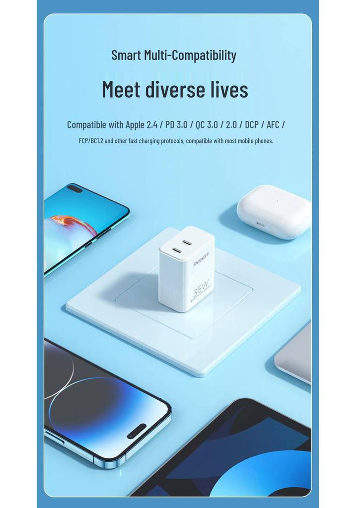 PISEN 35W Dual-Port Type-C Charger for iPhone 16 Pro Max Fast Charging with 15 Multi-Port and 20 Charging Set.