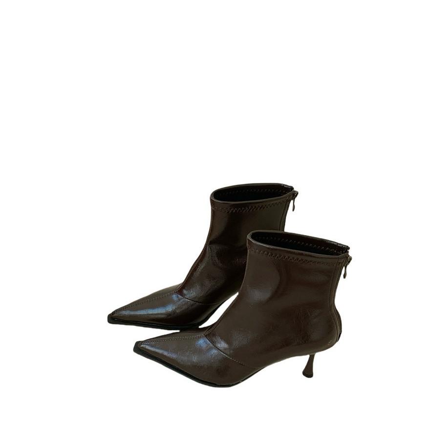 Brown high-heeled pointed thin boots short boots women's shoes 2025 new autumn and winter brown soft leather French small naked boots