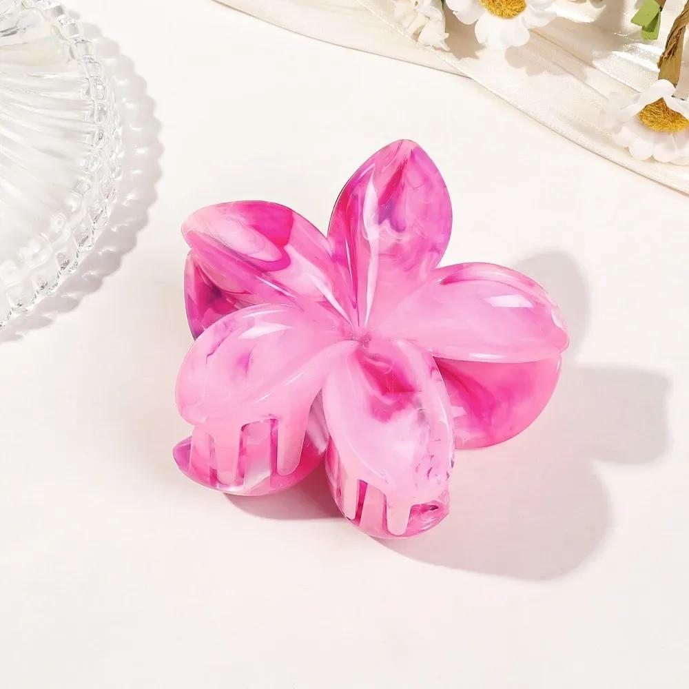 8cm Marble Pattern Frangipani Flower Hair Claw for Women Handmade Dyeing Design Acrylic Large Shark Clips Vacation Accessories