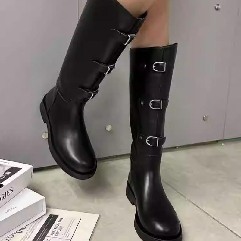 Martin Boots Women's Autumn and Winter New Leather Buckle Thick Heel Knight Boots Women's Knee Boots