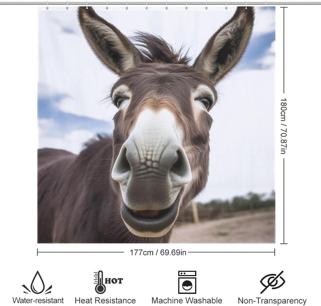 Cute Funny Donkey Shower Curtain for Bathroom, Waterproof Shower Curtain with 12 Hooks, Modern Bath Curtains for Tub, Shower,