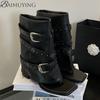Fashion Brand Designer Shoes Woman Heeled Sandals Summer Ankle Boots Flip Flops 2025 New Clip Toe Square High Heels Leather Goth Chunky