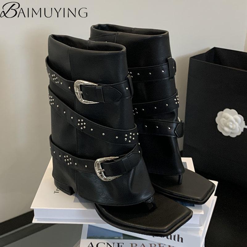Fashion Brand Designer Shoes Woman Heeled Sandals Summer Ankle Boots Flip Flops 2025 New Clip Toe Square High Heels Leather Goth Chunky