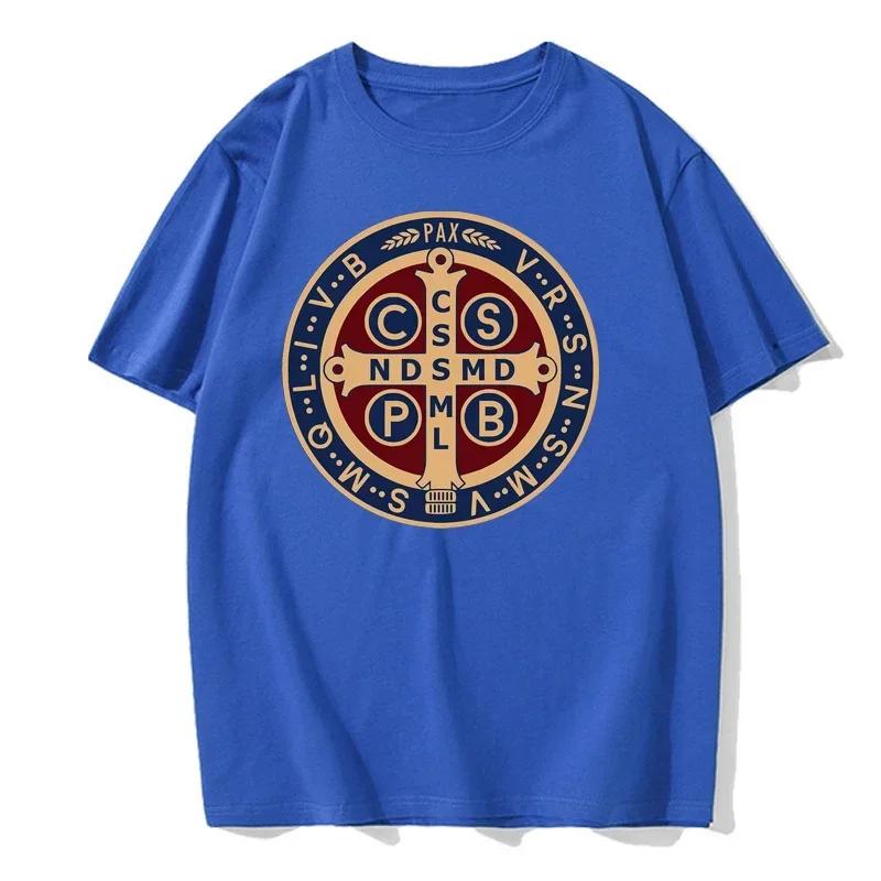 The Saint Benedict Medal Catholic Pullover Tees Camisas Men Slim Fit Mens T Shirt Printed T Shirt Cotton