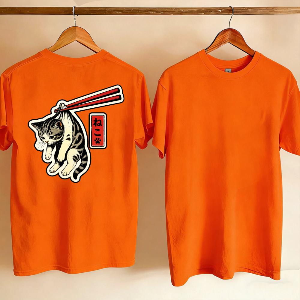 Unisex Vintage Japanese Tabby Cat Hang By Chopsticks Kanji Graphic TShirt Retro Ukiyoe Style Funny Kitten Print Casual Cotton Top