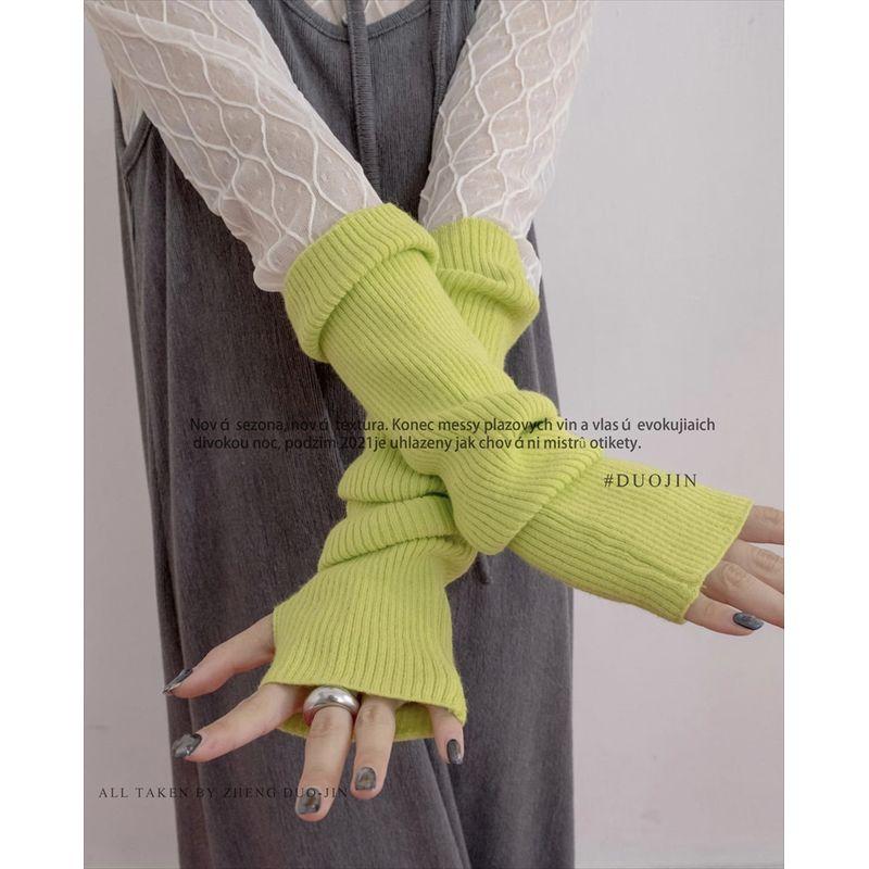 

Zheng Duojin Fashionable Item Knitting Long Pile Style Oversleeve Female Early Autumn Pure Color Subculture Sexy Half Finger Gloves Fashion Grass Green