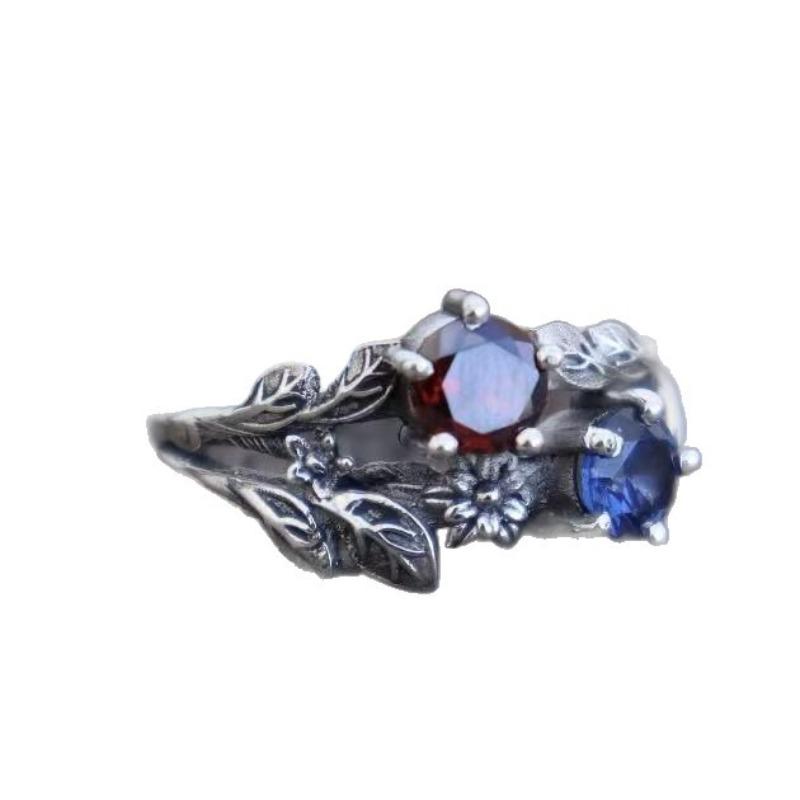 New Simple and Fashionable Red and Blue Zircon Ring, Small Flower Shape Leaf Women's Jewelry