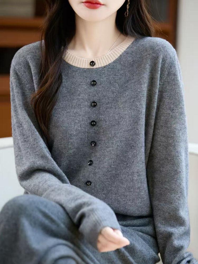 Women's Wool Color Block Round Neck Layered Pullover Sweater - 2025 Autumn/Winter Collection