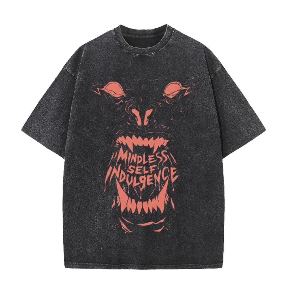 2026 Vintage Washed Black Demon Beast Face Graphic T Shirt Gothic Horror Print Oversized Casual Short Sleeve Tee