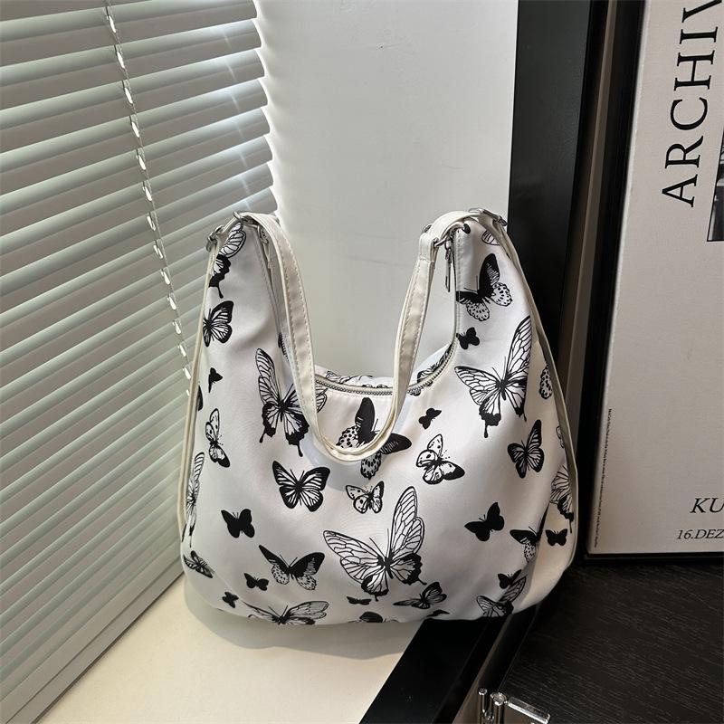 Literary and sweet shoulder armpit bag, fresh printing casual large-capacity tote bag, student class commuting backpack