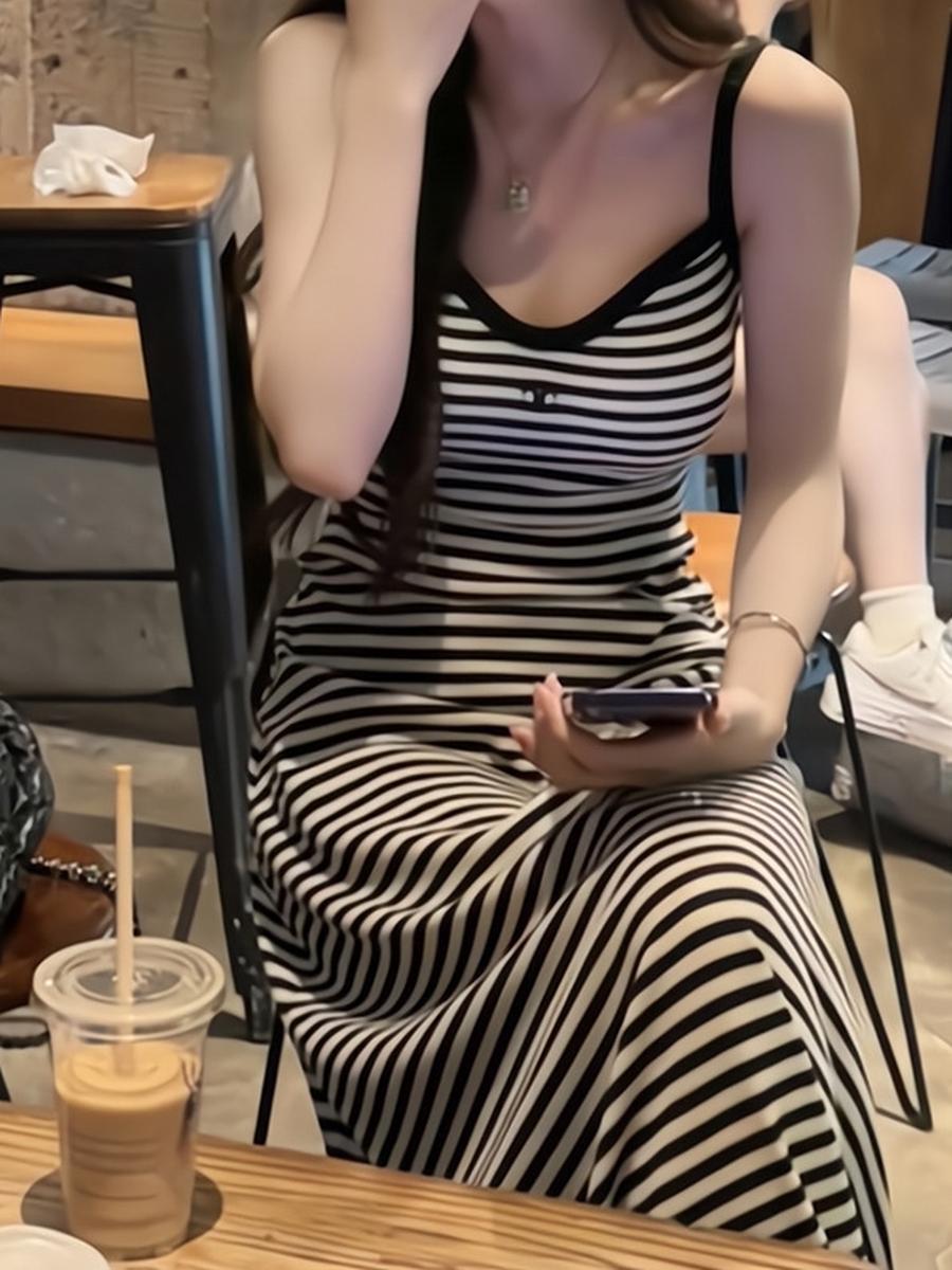 

French Bodycon Maxi Dress for Women Summer Fashion Casual A-Line Striped Slim Fit Tube Top Dress L