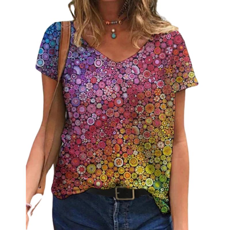 Fashion Spring  Flash Card Print Blouses Short Sleeved V-Neck T Shirts Casual