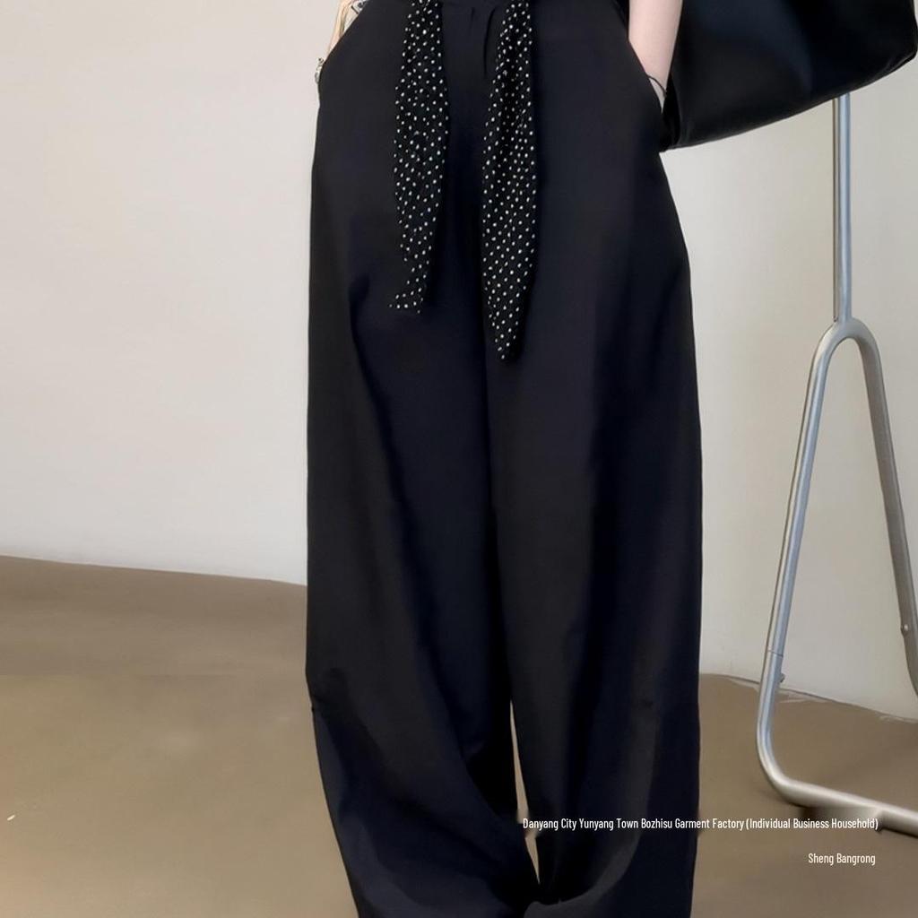 Women's High-End Black Wide-Leg Suit Pants: Autumn Loose-Fit, Slimming, Versatile, Straight-Leg, Floor-Length