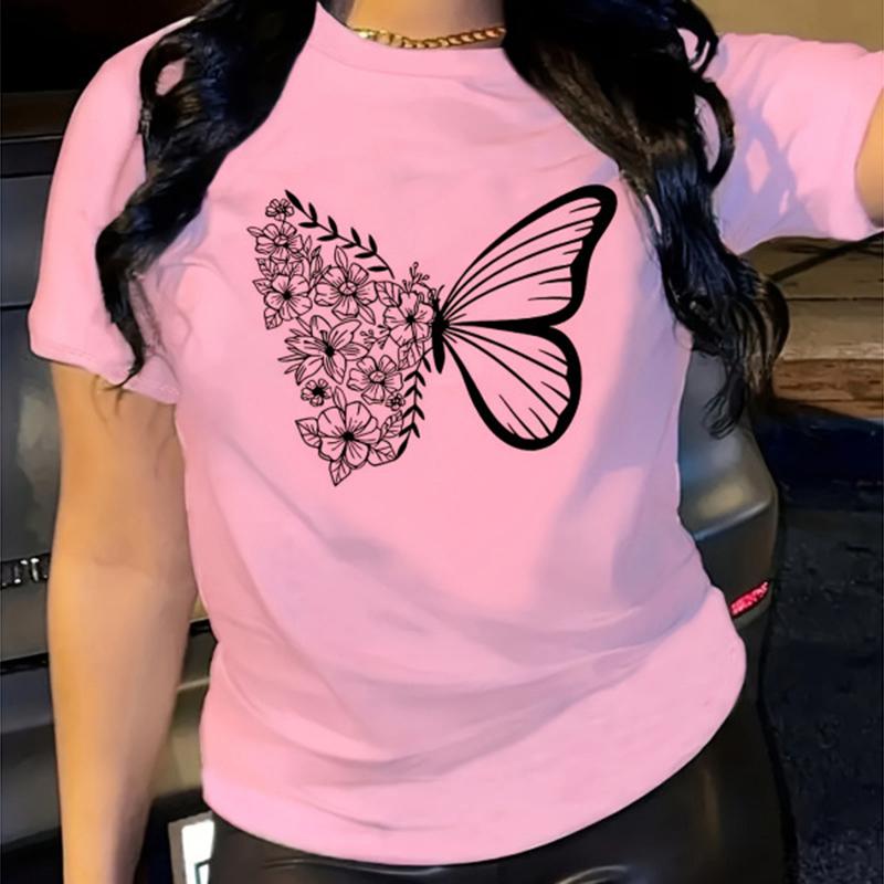 Women Summer Tee Butterfly Printed T Shirt - Fashion Short Sleeve Top
