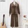 VONDA Autumn Spring Womens Velvet Two Piece Sets V Neck Long Sleeve Tops Wide Leg Pants Tracksuit Outfits